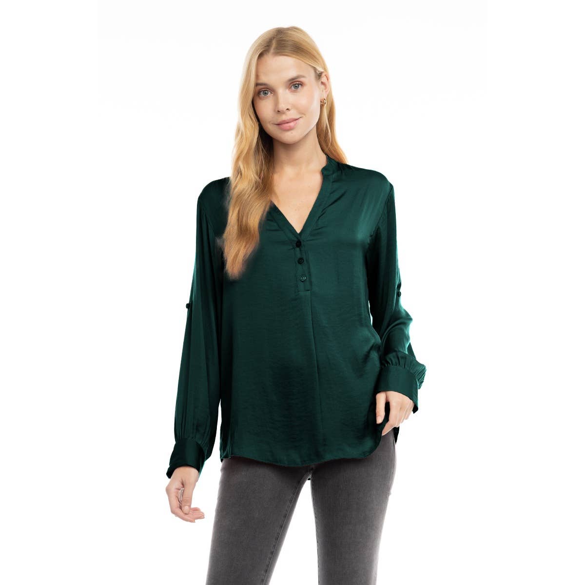 V-Neck Long Sleeve Button-Tabbed Blouse: Olivine / S