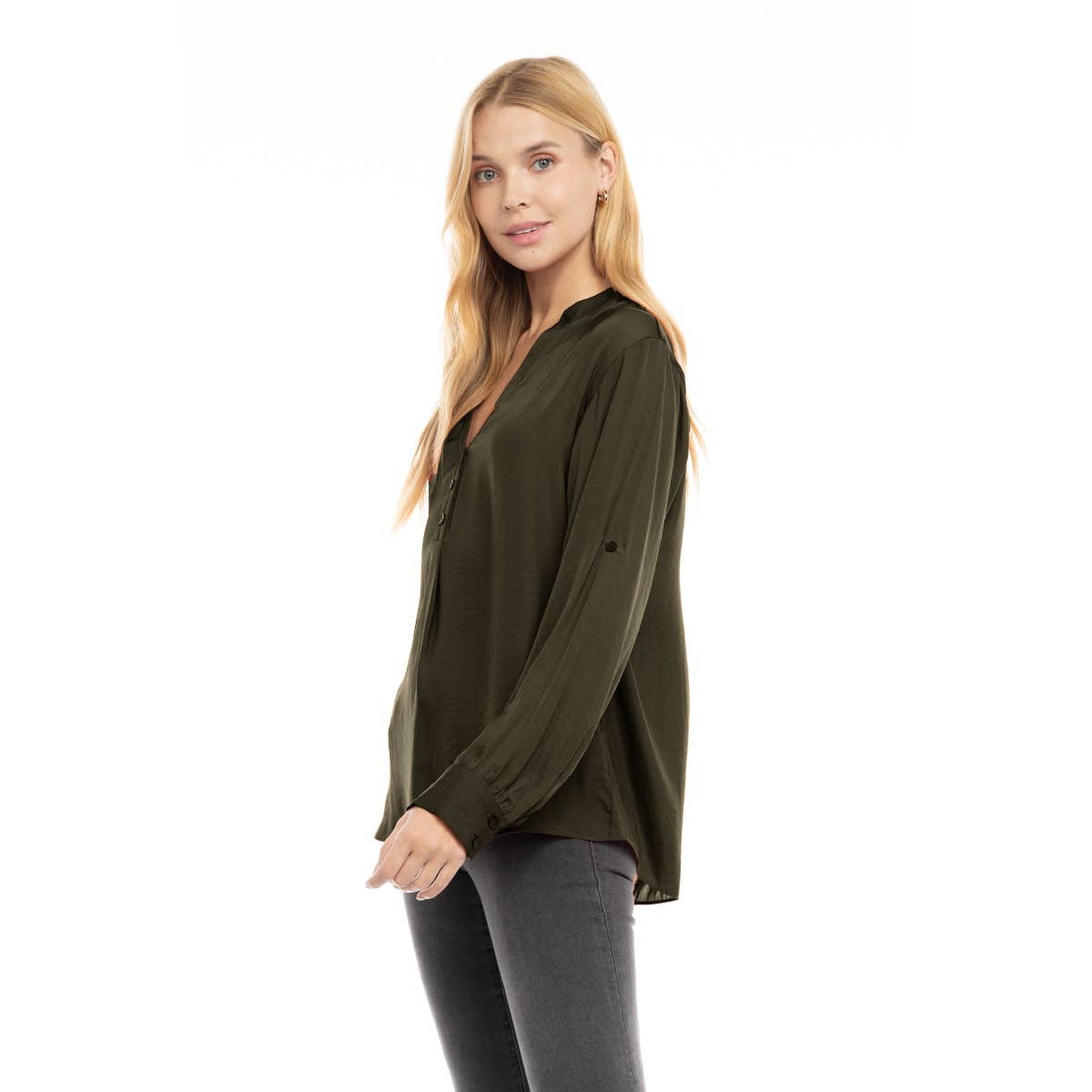 V-Neck Long Sleeve Button-Tabbed Blouse: Olivine / L