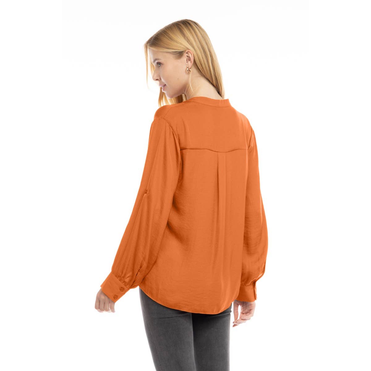 V-Neck Long Sleeve Button-Tabbed Blouse: Olivine / S