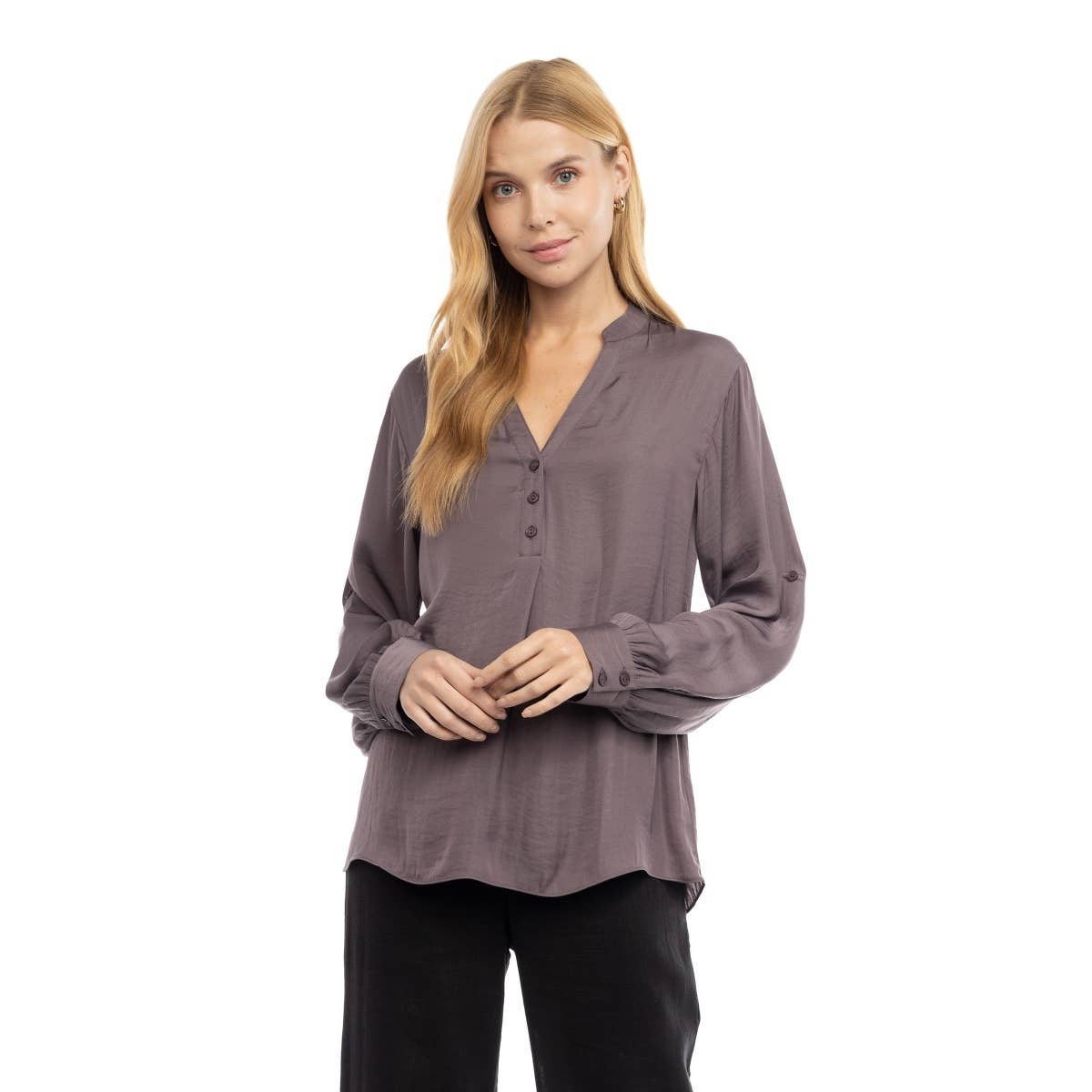 V-Neck Long Sleeve Button-Tabbed Blouse: Olivine / M