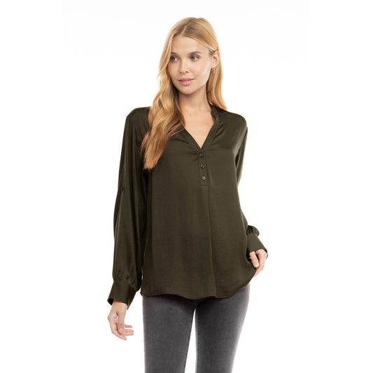 V-Neck Long Sleeve Button-Tabbed Blouse: Olivine / M