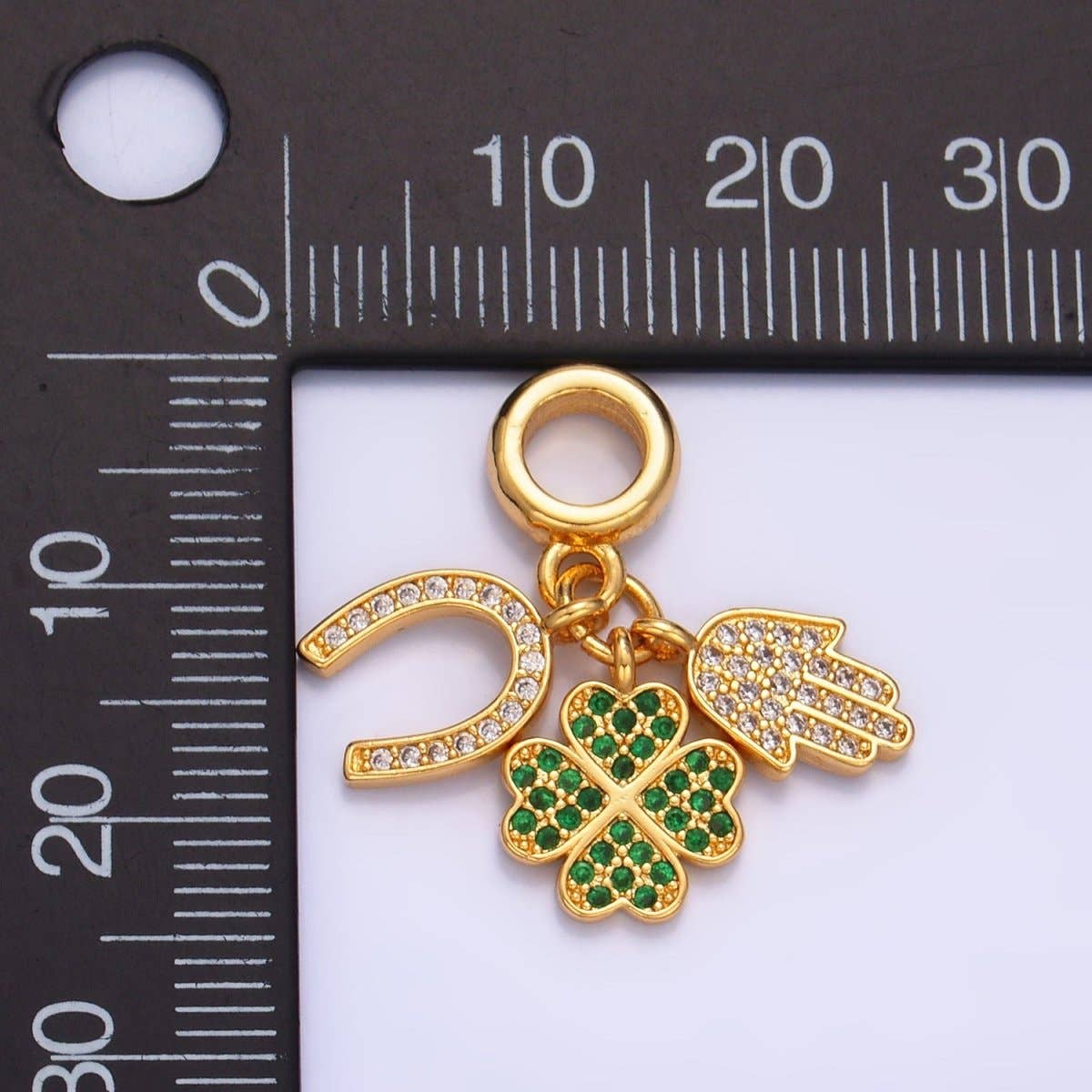 24K Gold Filled CZ Micro Paved Horse Shoe, Four Leaf Clover, Hamsa Hand on gold chain