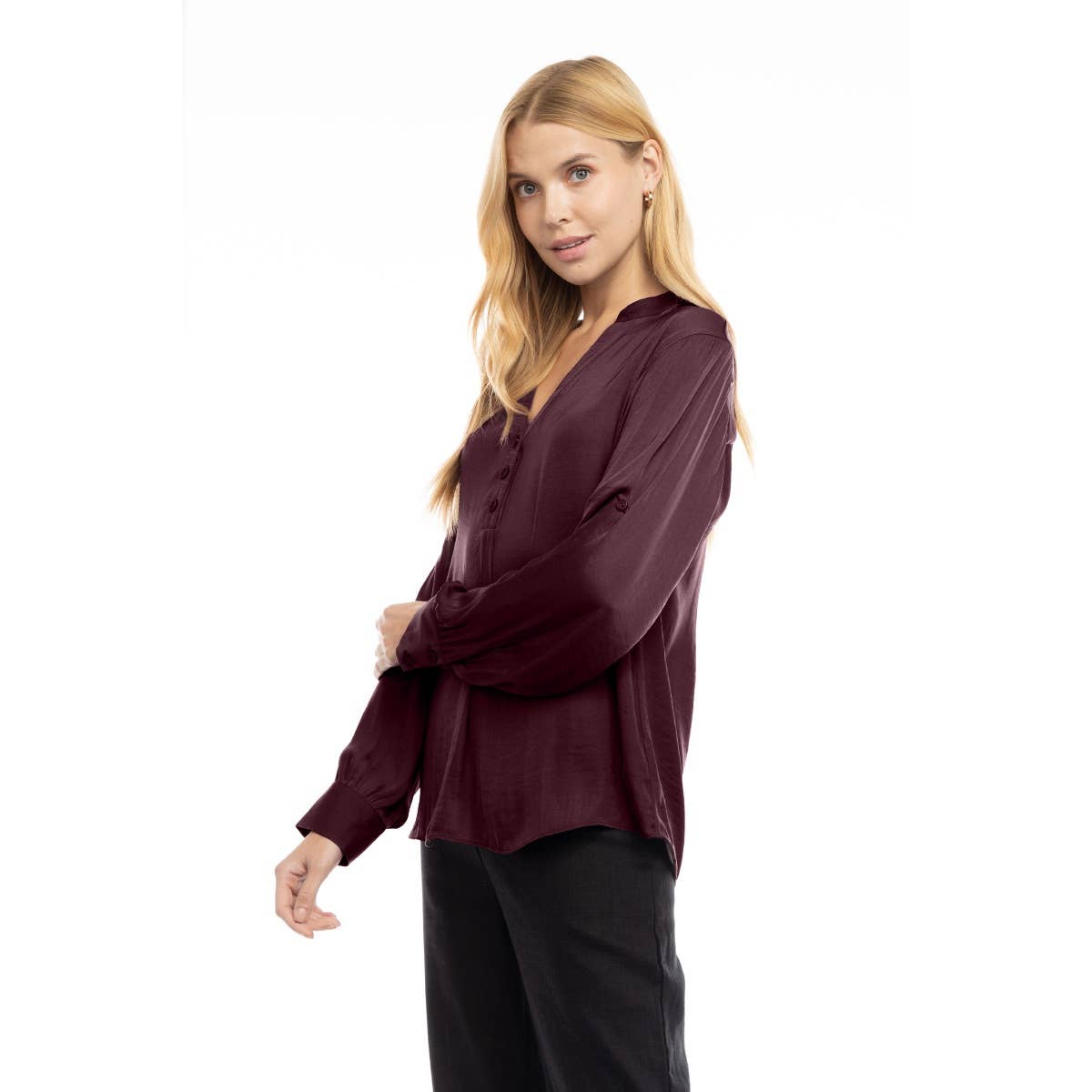 V-Neck Long Sleeve Button-Tabbed Blouse: Olivine / S
