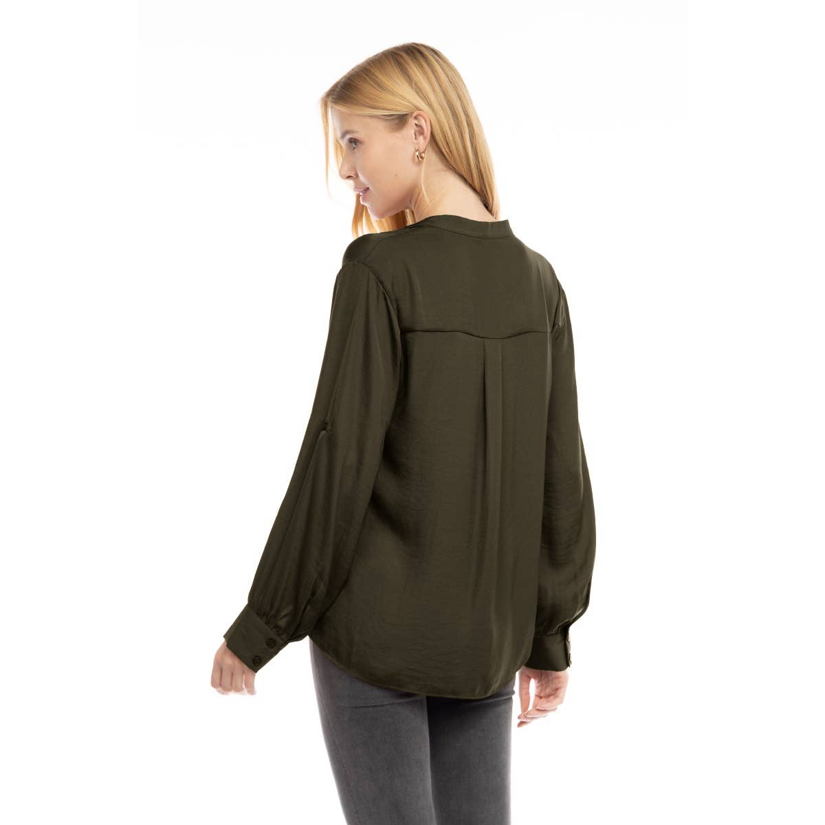 V-Neck Long Sleeve Button-Tabbed Blouse: Olivine / L
