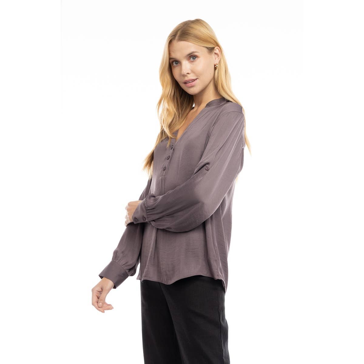 V-Neck Long Sleeve Button-Tabbed Blouse: Olivine / L