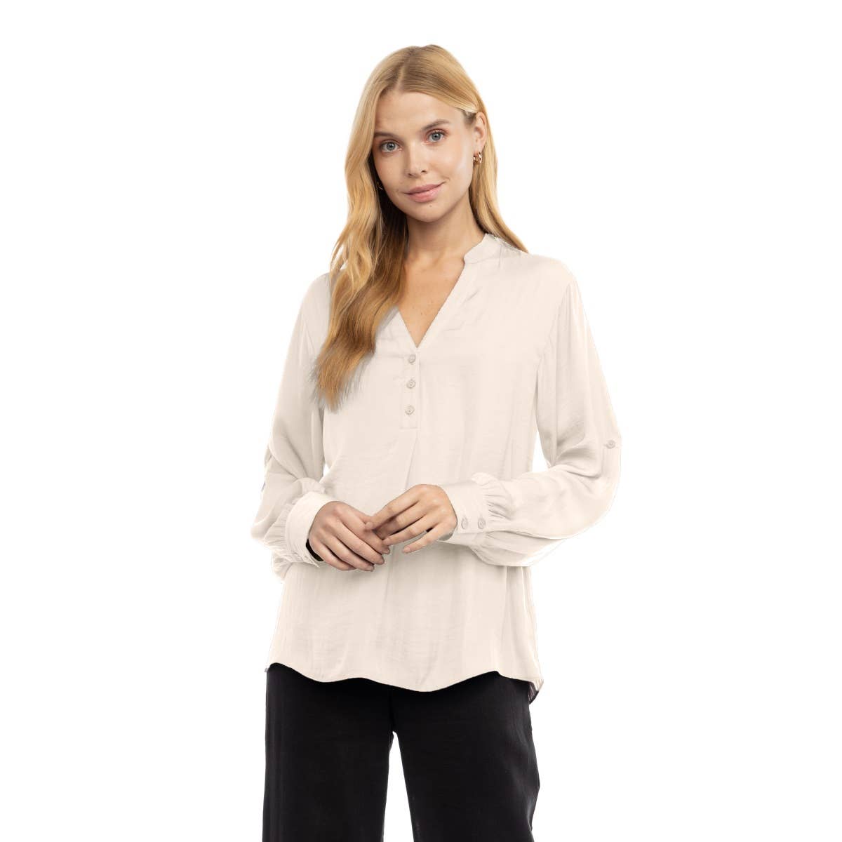 V-Neck Long Sleeve Button-Tabbed Blouse: Olivine / S