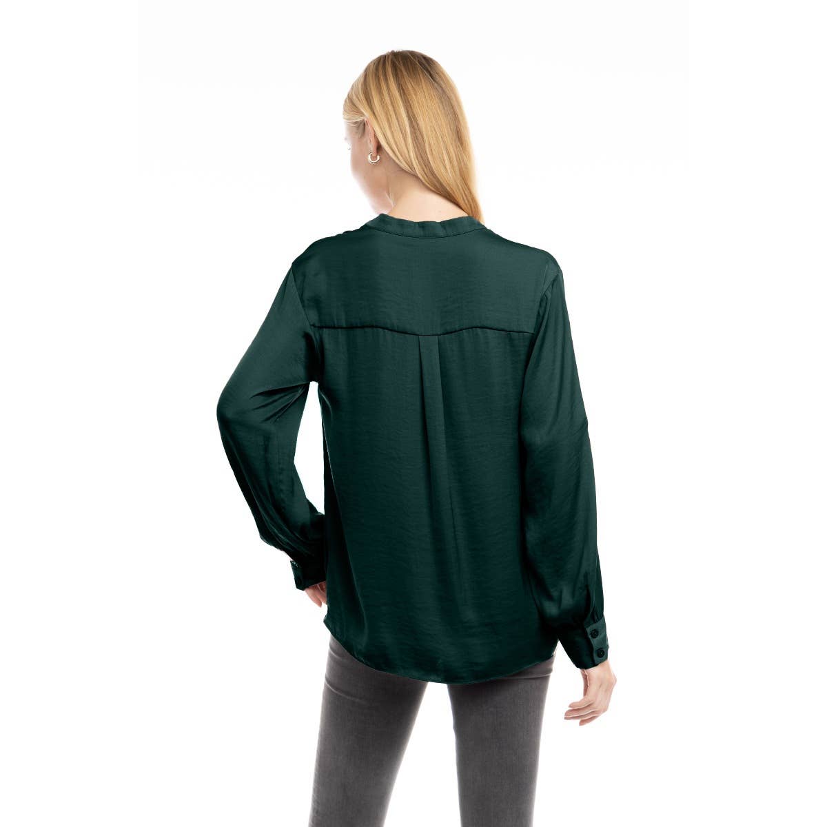 V-Neck Long Sleeve Button-Tabbed Blouse: Olivine / S