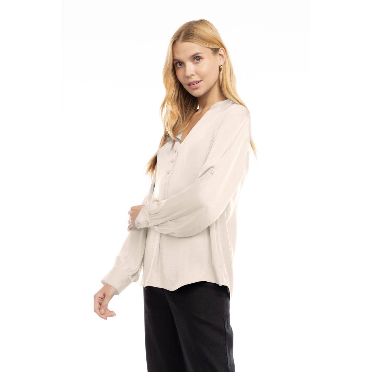 V-Neck Long Sleeve Button-Tabbed Blouse: Olivine / M