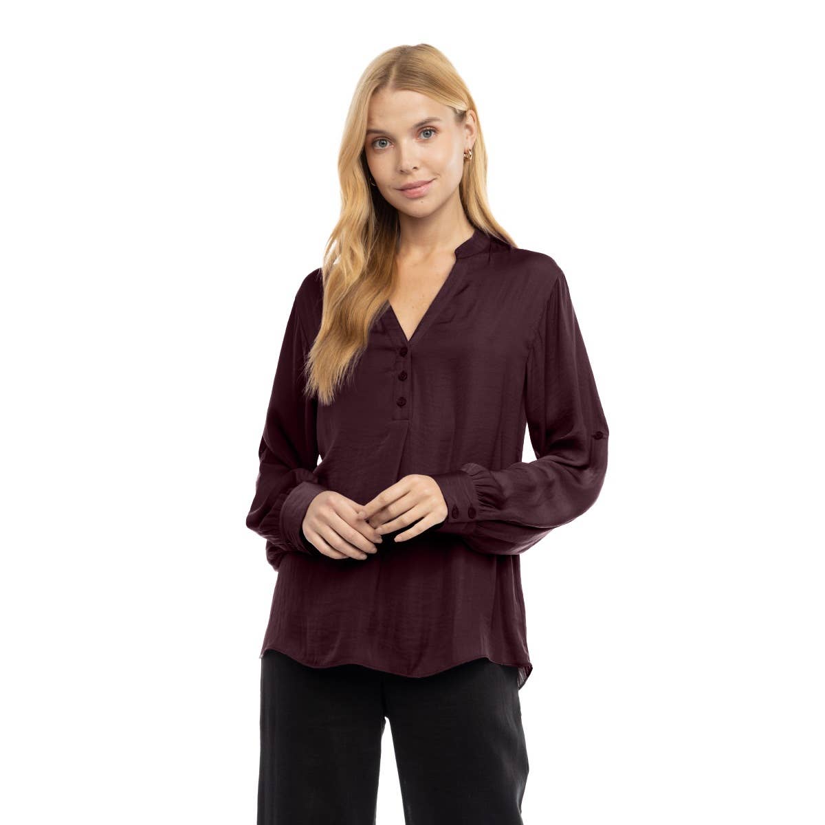 V-Neck Long Sleeve Button-Tabbed Blouse: Olivine / M