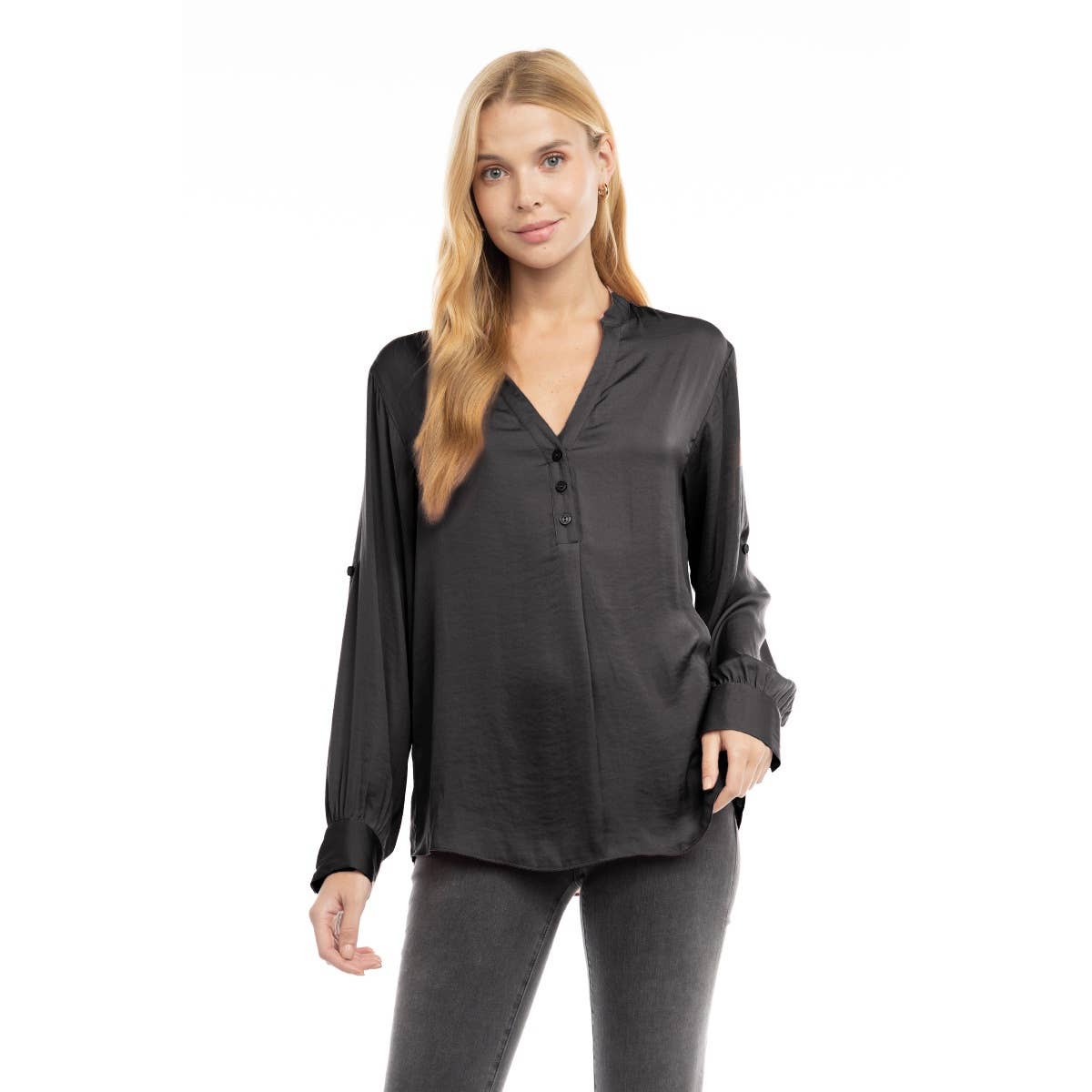 V-Neck Long Sleeve Button-Tabbed Blouse: Olivine / L