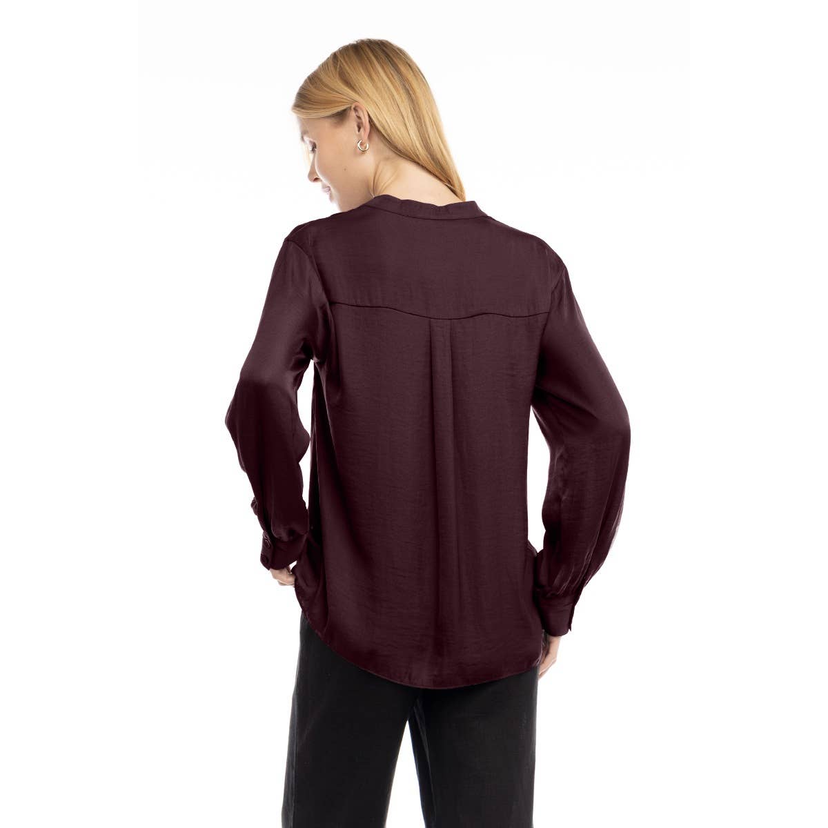 V-Neck Long Sleeve Button-Tabbed Blouse: Olivine / S