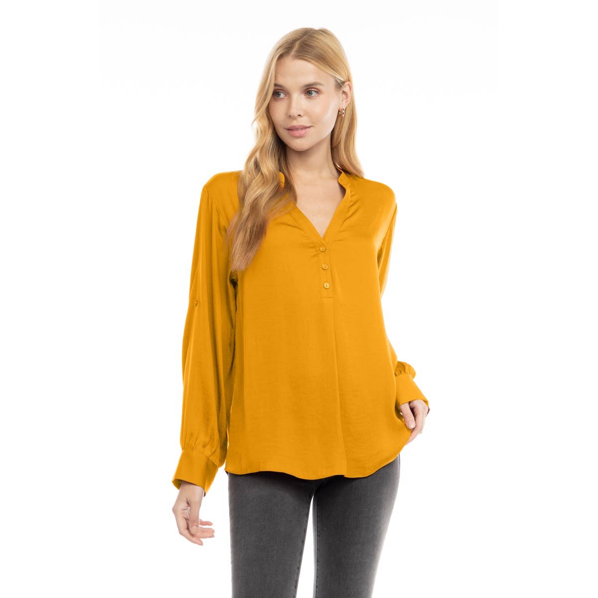 V-Neck Long Sleeve Button-Tabbed Blouse: Olivine / S