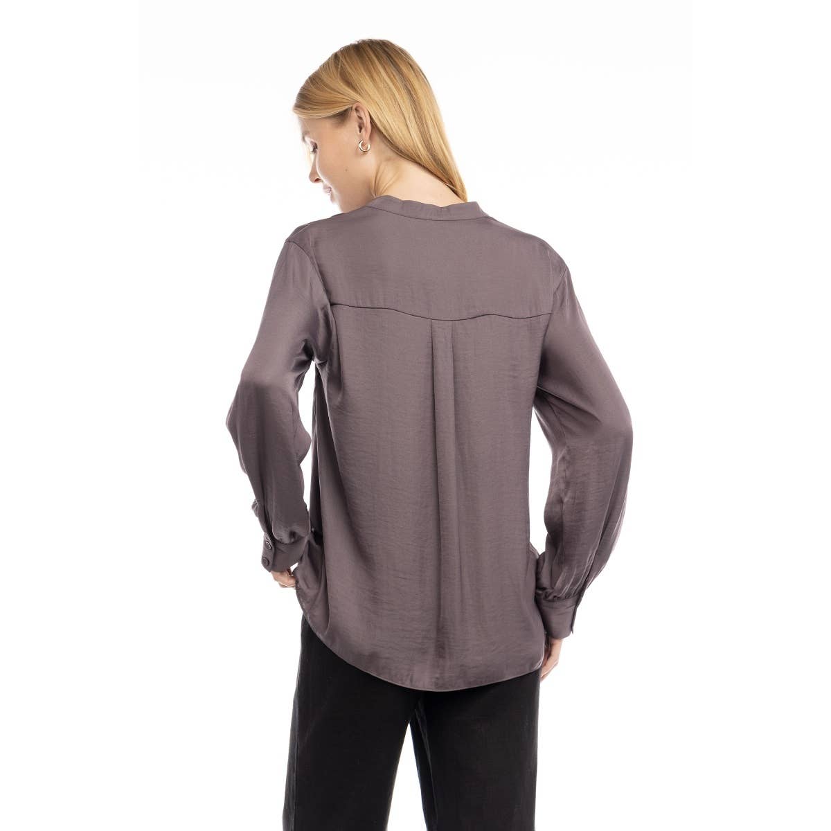 V-Neck Long Sleeve Button-Tabbed Blouse: Olivine / M