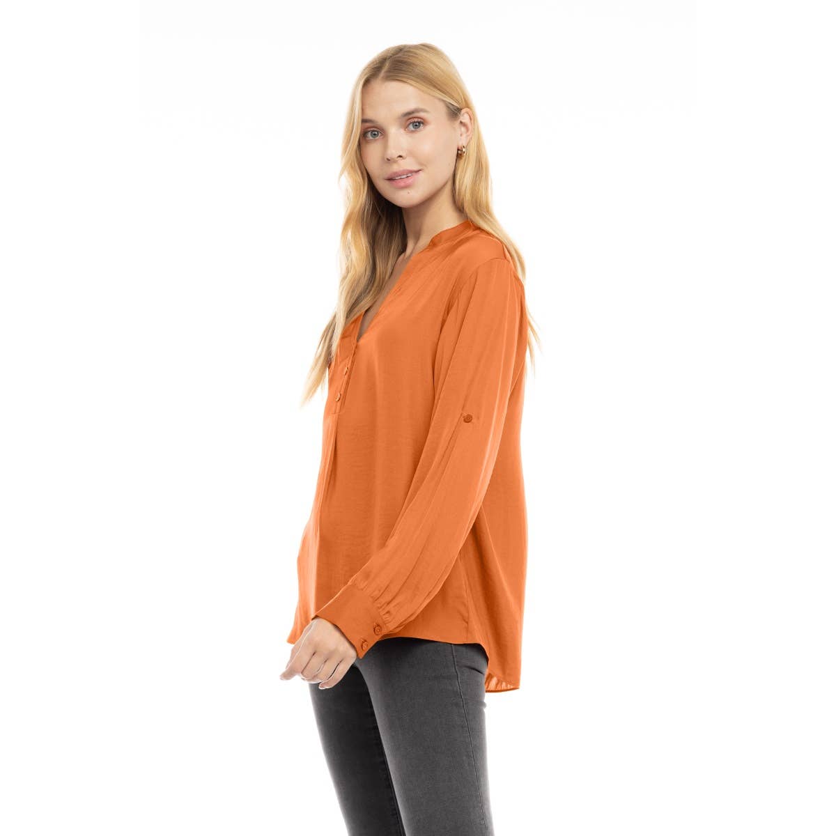 V-Neck Long Sleeve Button-Tabbed Blouse: Olivine / S