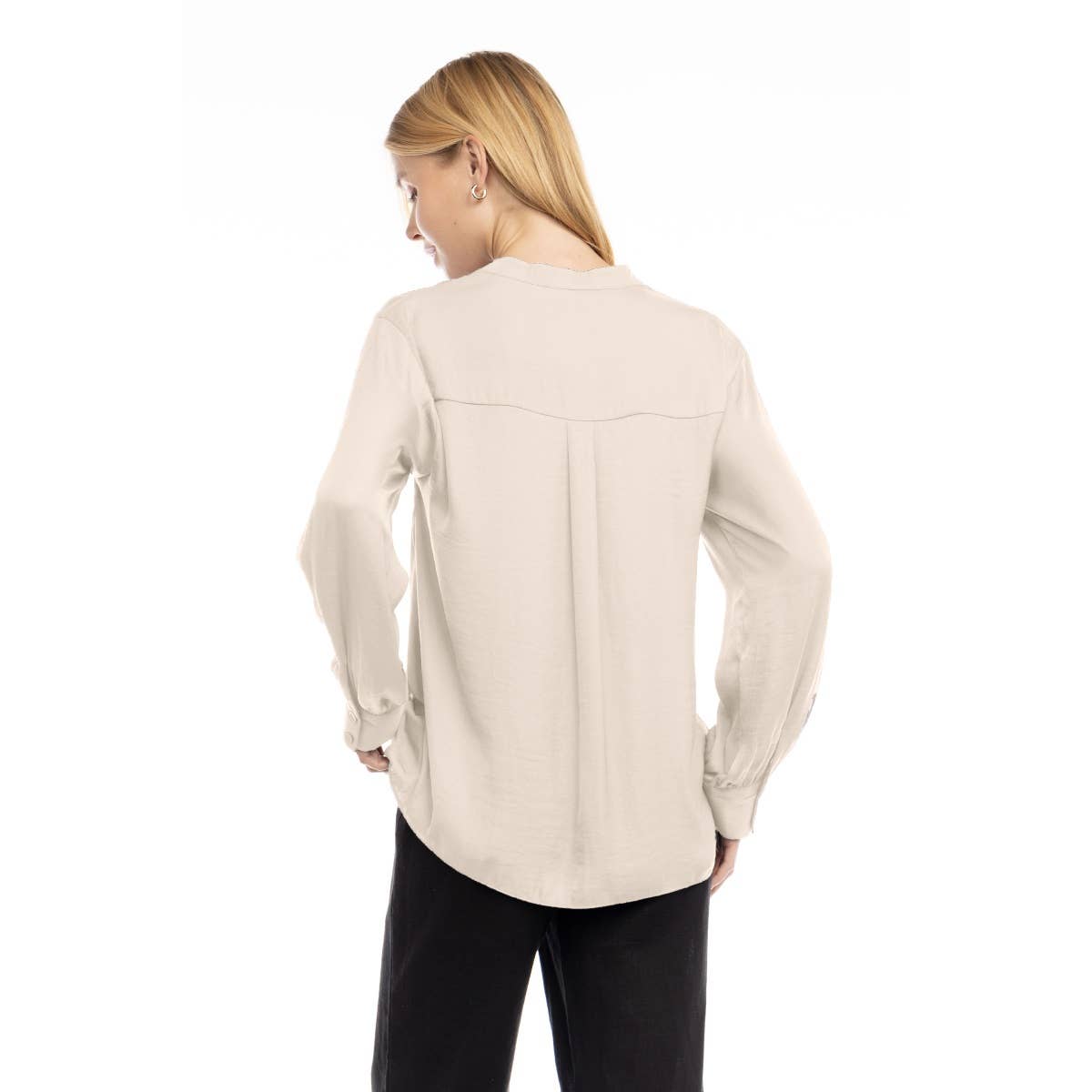 V-Neck Long Sleeve Button-Tabbed Blouse: Olivine / L