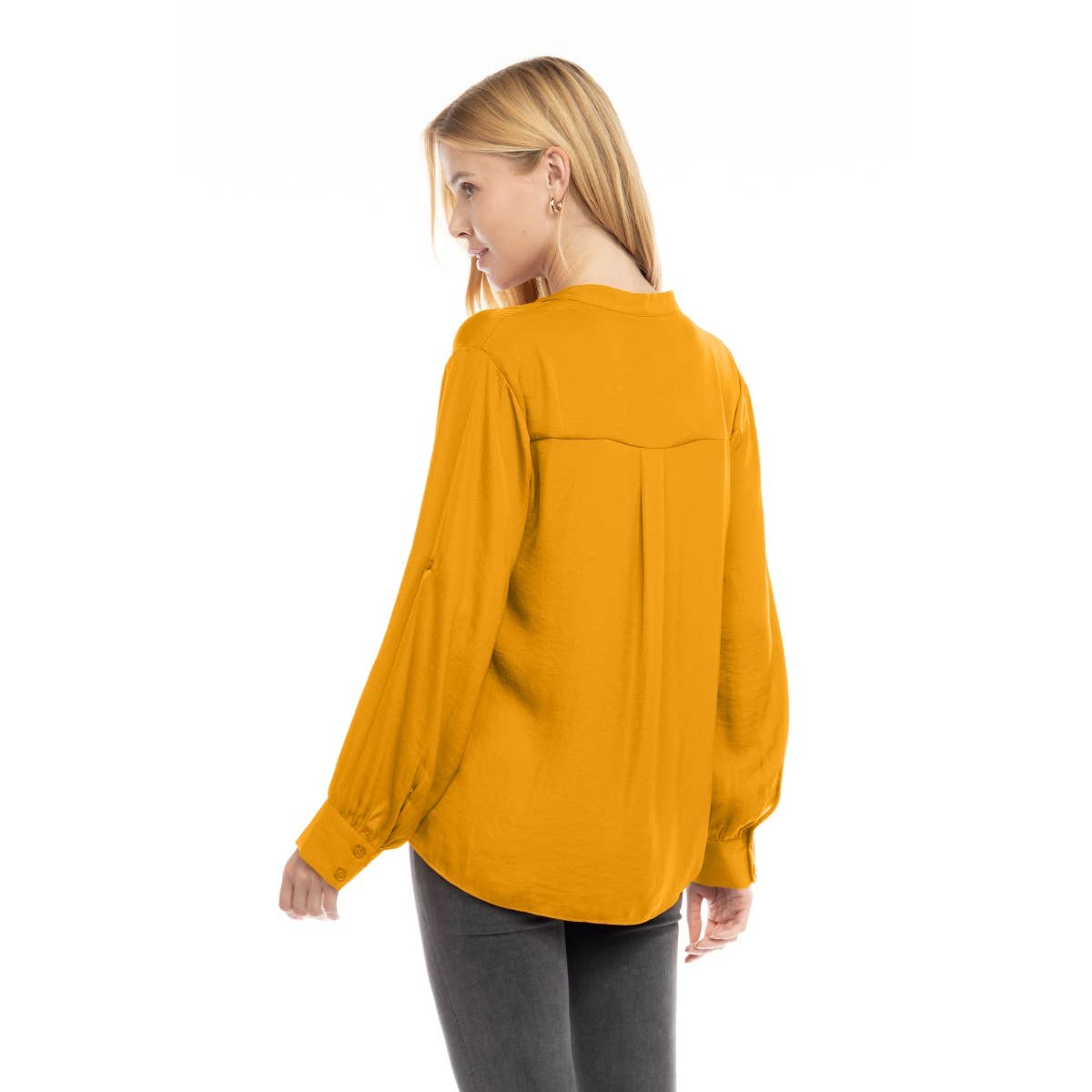 V-Neck Long Sleeve Button-Tabbed Blouse: Olivine / S