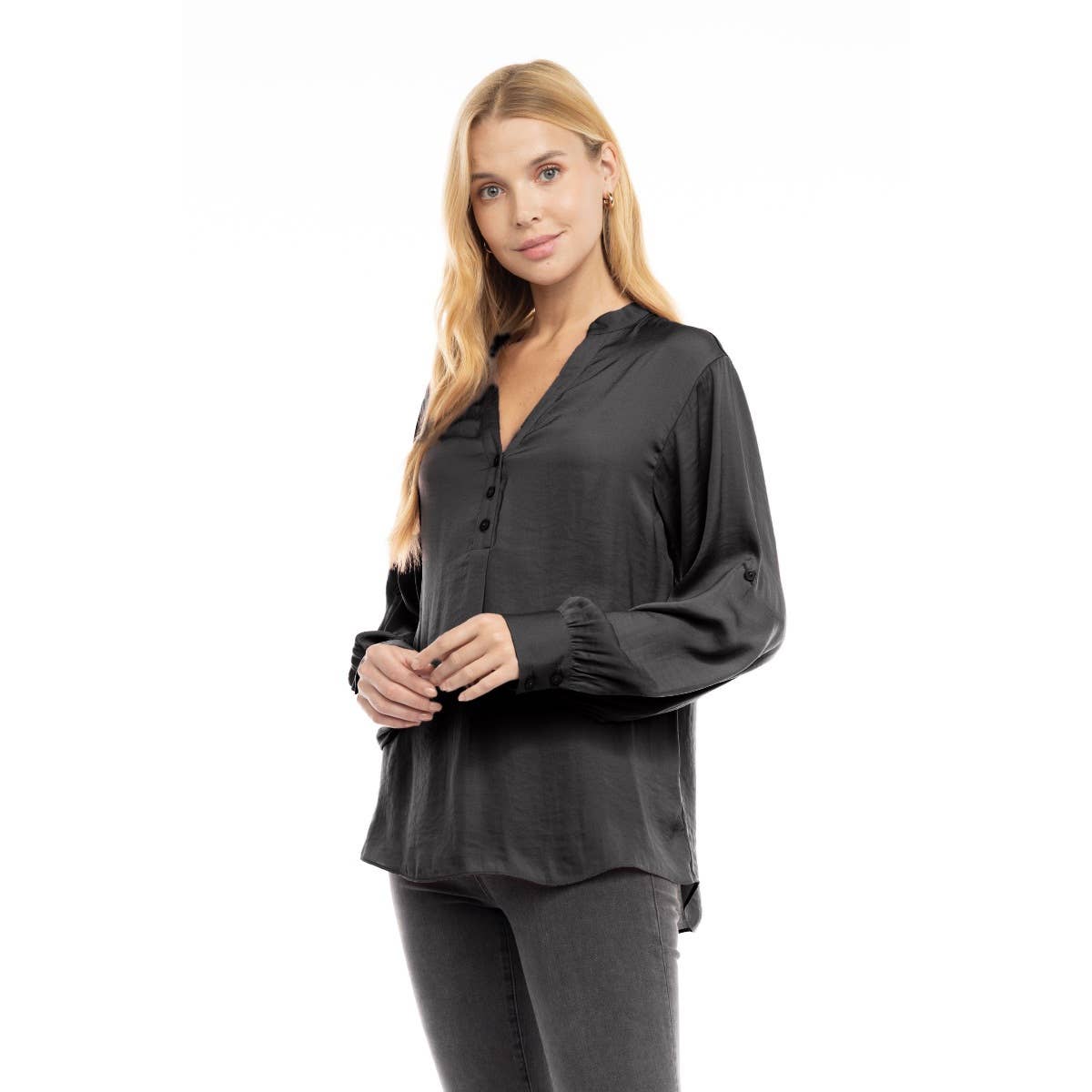 V-Neck Long Sleeve Button-Tabbed Blouse: Olivine / S