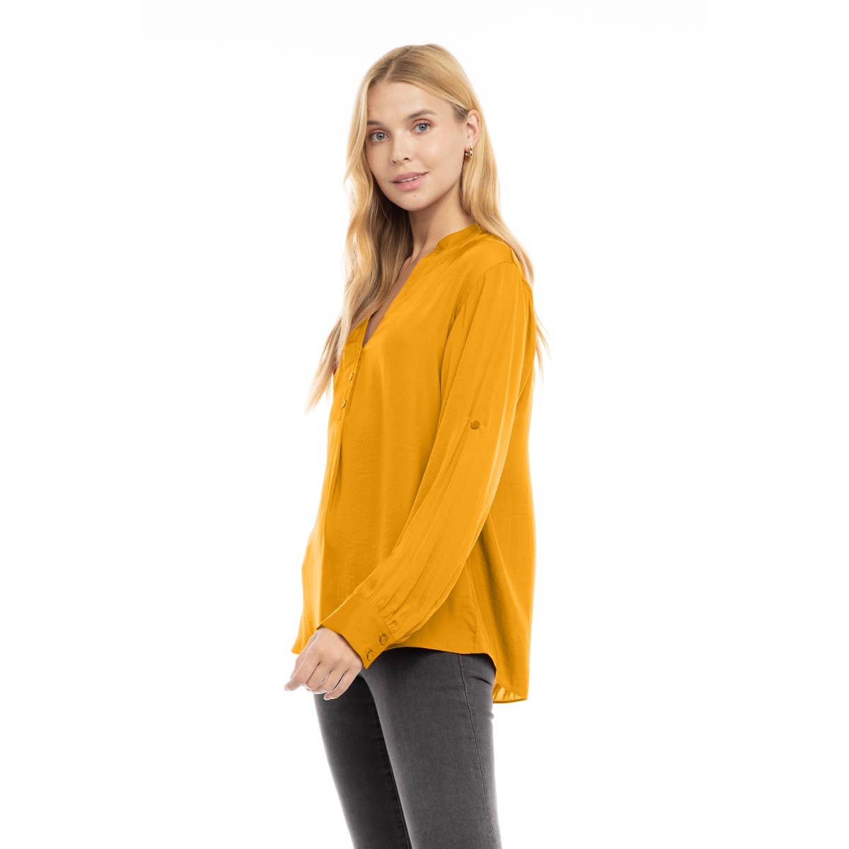 V-Neck Long Sleeve Button-Tabbed Blouse: Olivine / S