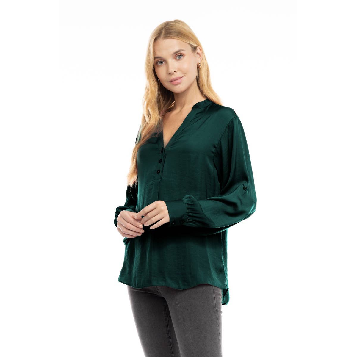 V-Neck Long Sleeve Button-Tabbed Blouse: Olivine / M