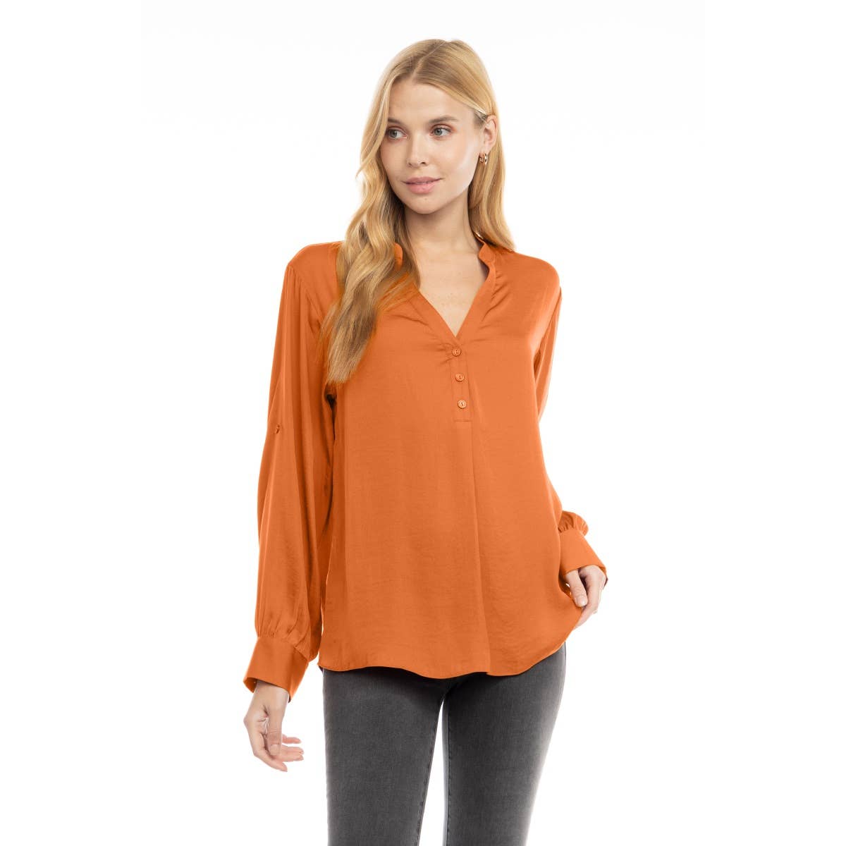 V-Neck Long Sleeve Button-Tabbed Blouse: Olivine / S