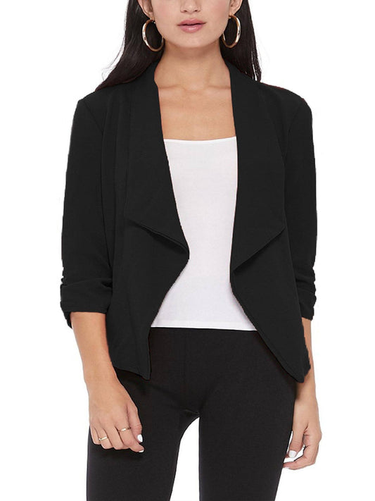 Black Casual Open Front Slim Fit Draped Solid Blazer Jacket